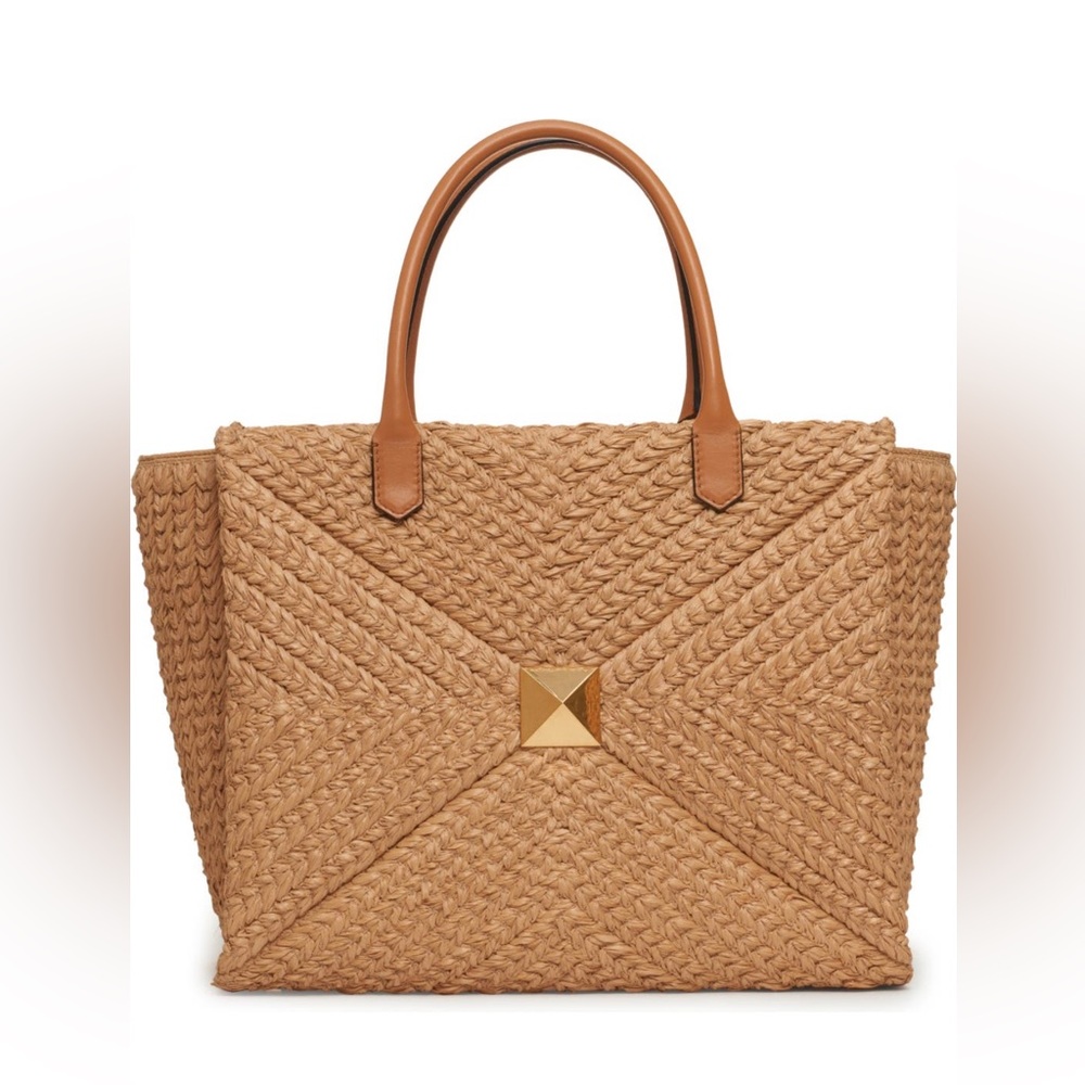 Valentino Garavani Large One Stud Raffia Double Handle Bag